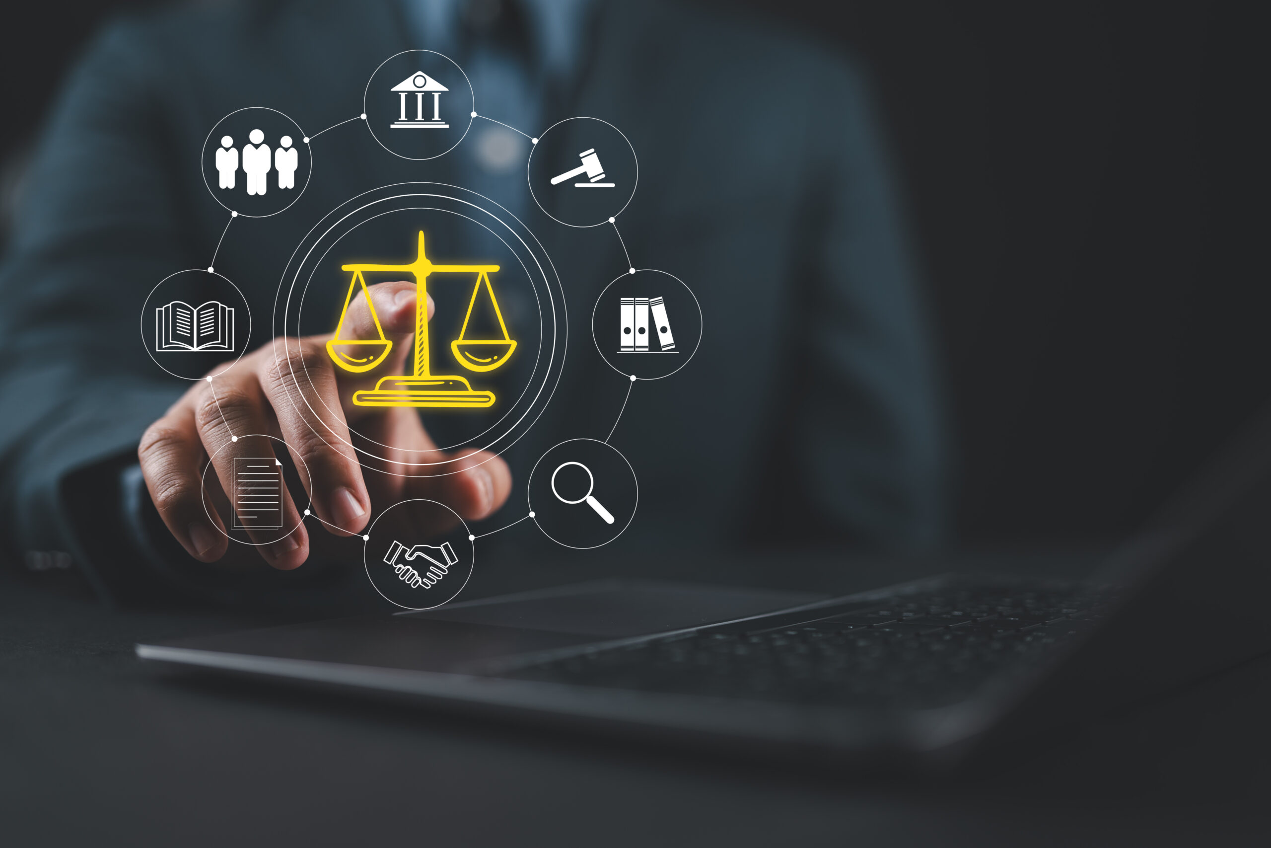 Legal Professional with Justice Icons. A suited legal professional touches virtual icons symbolizing law, justice, and legal services. business legislation, Notary public, legal advice online, Lawyer
