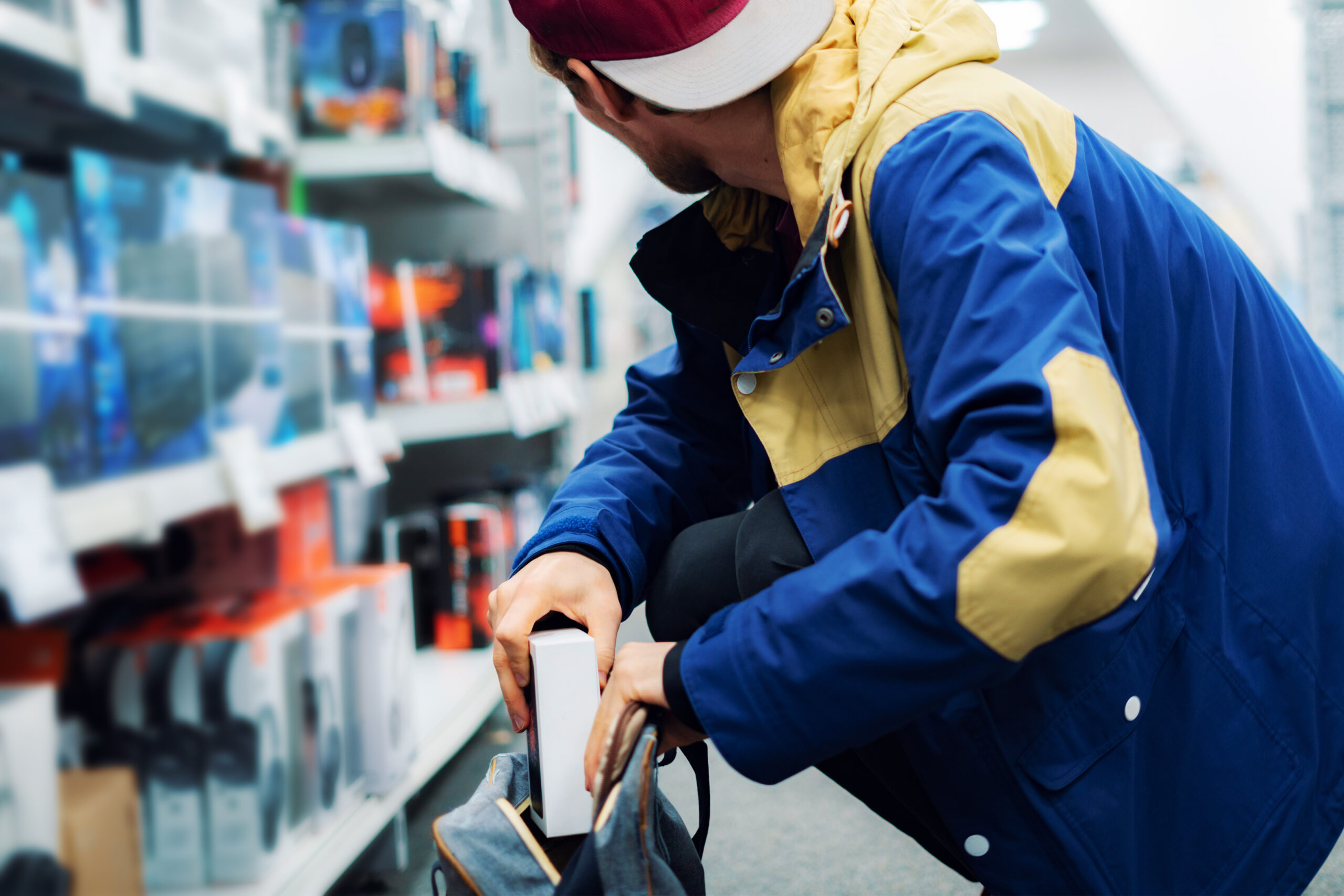 close up the consumer thief’s hands putting the new gadget in the pocket in the store
